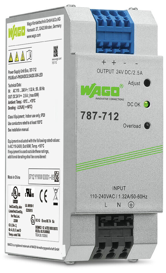 电源; Eco; 单相; 24 VDC输出电压; 2.5 A 输出电流; DC-OK LED; 4,00 mm²