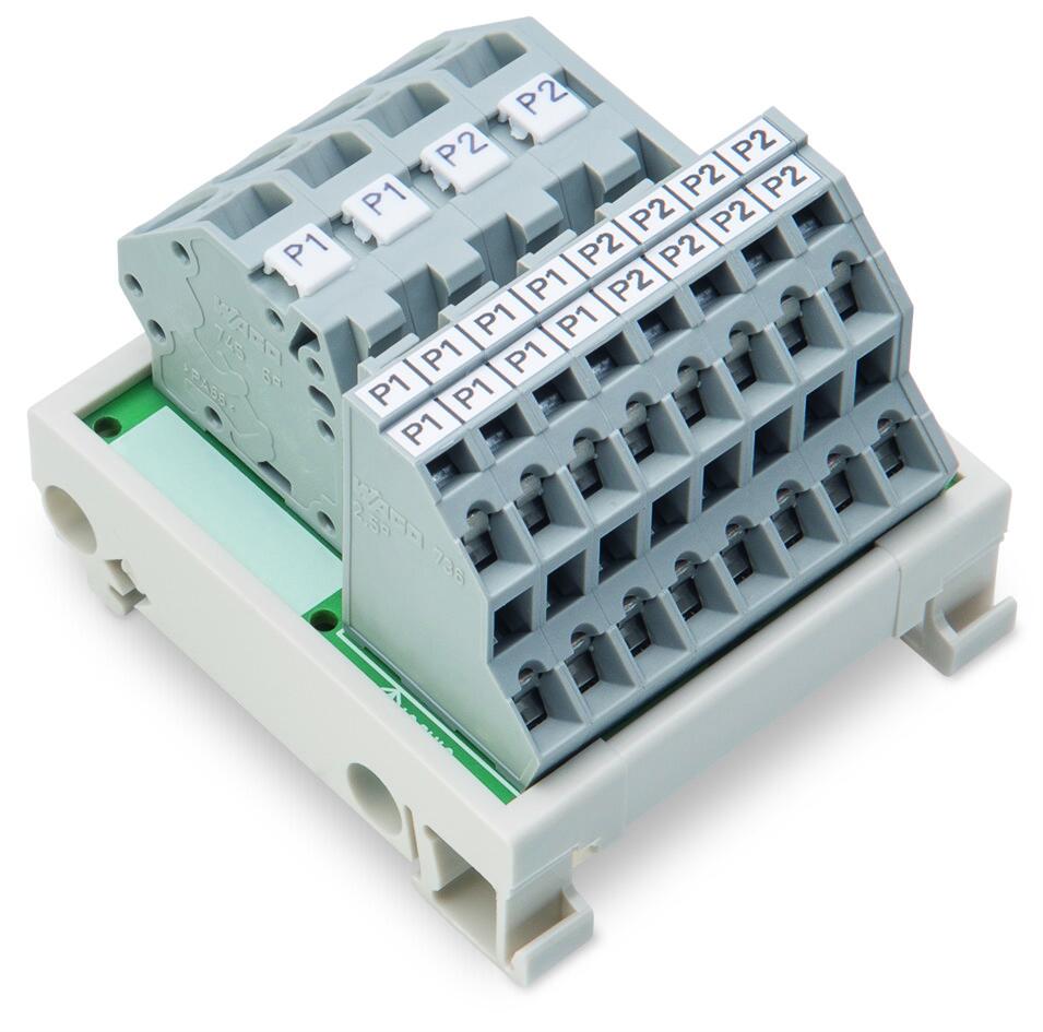 电位分配模块; 2 个电位; 各带有2个输入接线位; 适用导线截面积6 mm²; 各带有8个输出接线位; 适用导线截面积2.5 mm²