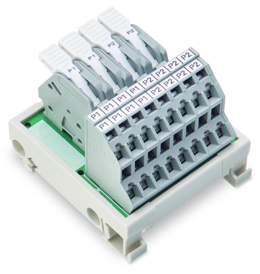 电位分配模块; 2 个电位; 各带有2个输入接线位; 适用导线截面积6 mm²; 带有锁定卡; 各带有8个输出接线位; 适用导线截面积2.5 mm²