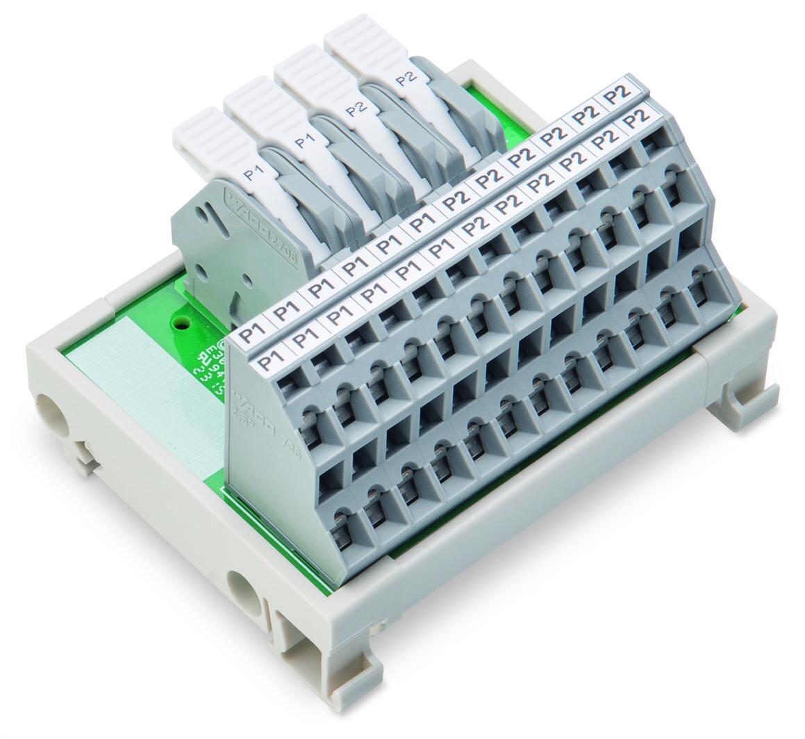 电位分配模块; 2 个电位; 各带有2个输入接线位; 适用导线截面积6 mm²; 带有锁定卡; 各带有12个输出接线位; 适用导线截面积2.5 mm²