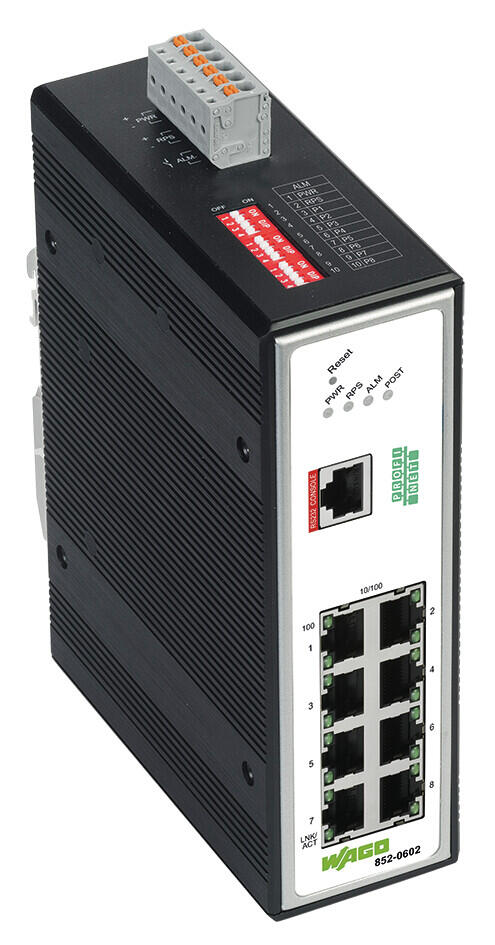 Industrial Managed Switch; 8-port 100Base-TX; PROFINET; Extended temperature range; black metallic