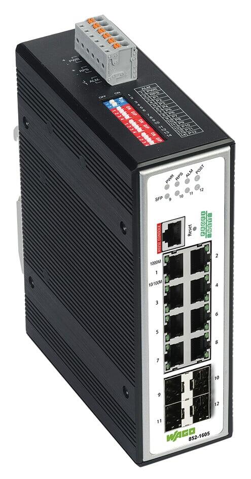 Industrial Managed Switch; 8 Ports 1000Base-T; 4-Slot 1000BASE-SX/LX; PROFINET; Extended temperature range; black metallic