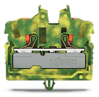 2线小型普通接线端子; 有推压键; 2.5 mm²; 带有固定销钉; 侧面/中心标记; 有测试插孔; Push-in CAGE CLAMP®; 2,50 mm²; 黄绿混色