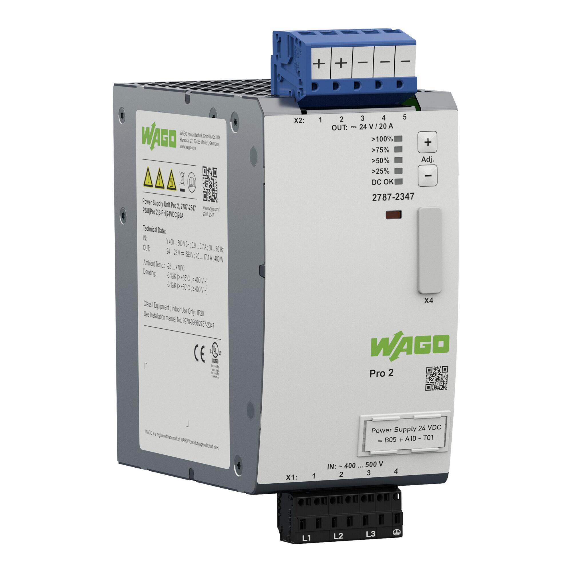 电源; Pro 2; 3相; 24 VDC输出电压; 20 A 输出电流; TopBoost + PowerBoost; 通信能力