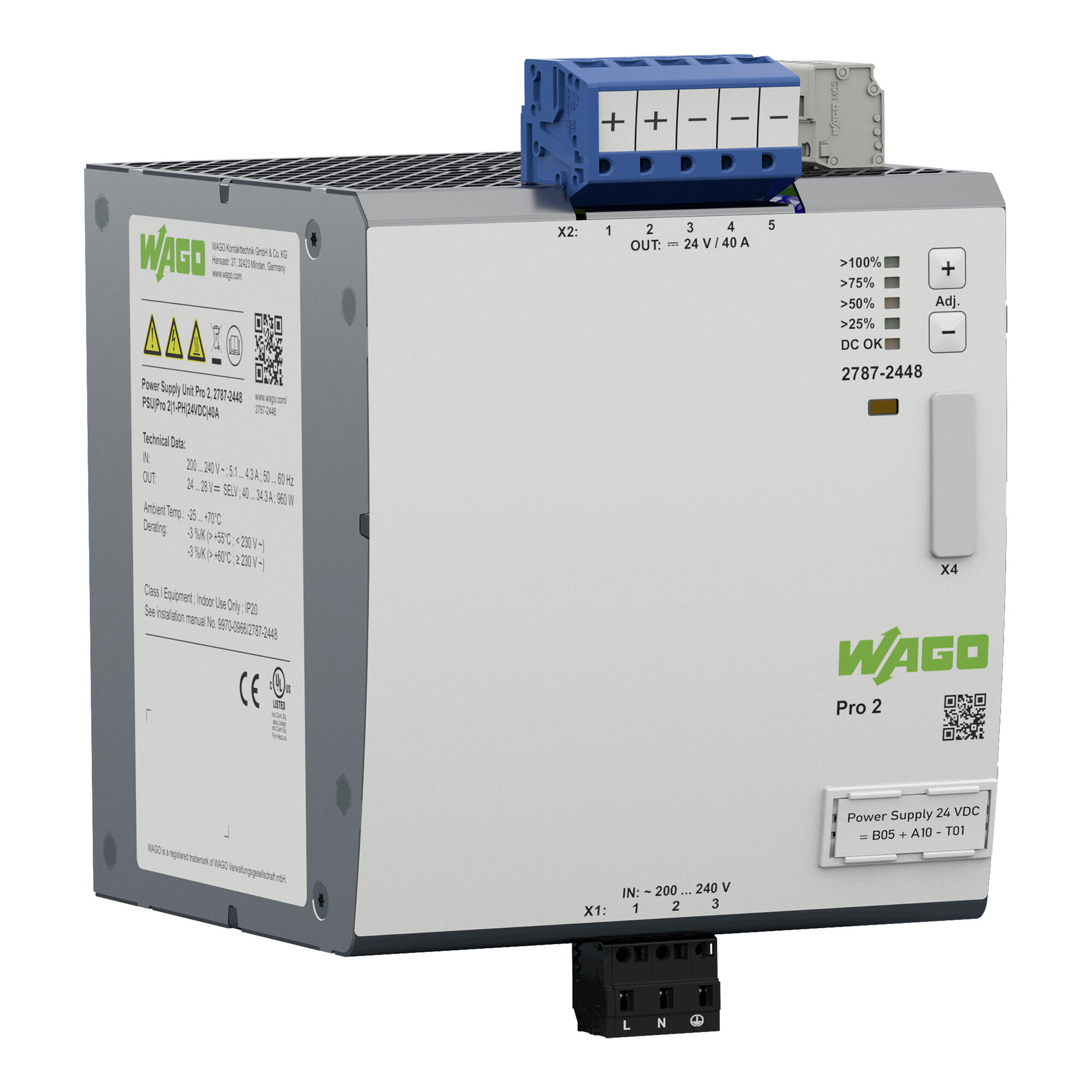 电源; Pro 2; 单相; 24 VDC输出电压; 40 A输出电流; TopBoost + PowerBoost; 通信能力; 输入电压范围：200 … 240 VAC